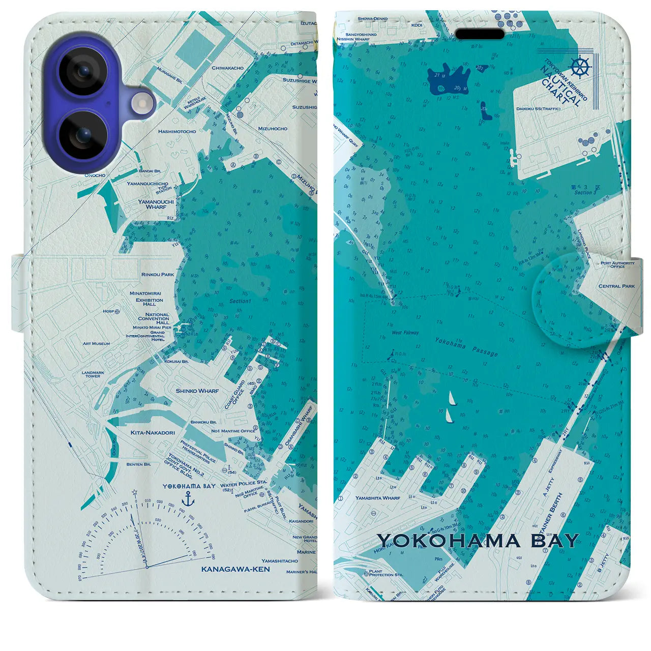 【横浜港(神奈川県)】海図iPhoneケース(手帳タイプ)ブルー・iPhone 16 Pro Max 用