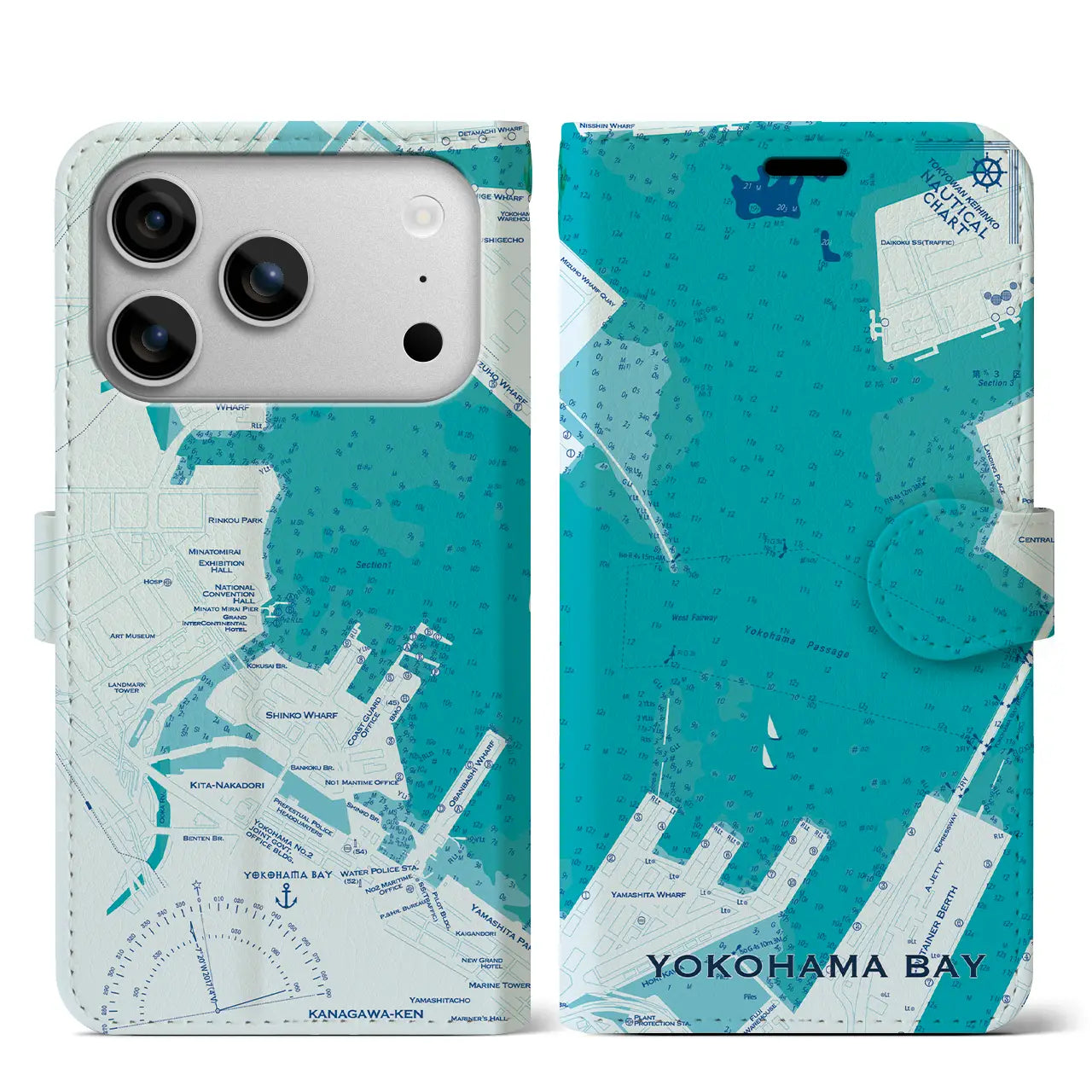【横浜港(神奈川県)】海図iPhoneケース(手帳タイプ)ブルー・iPhone 17 Pro Max 用