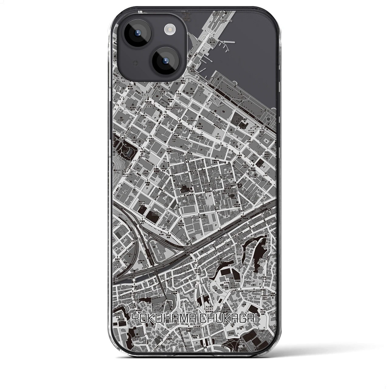 【横浜中華街(神奈川県)】地図柄iPhoneケース(クリアタイプ)モノトーン・iPhone 14 Plus 用