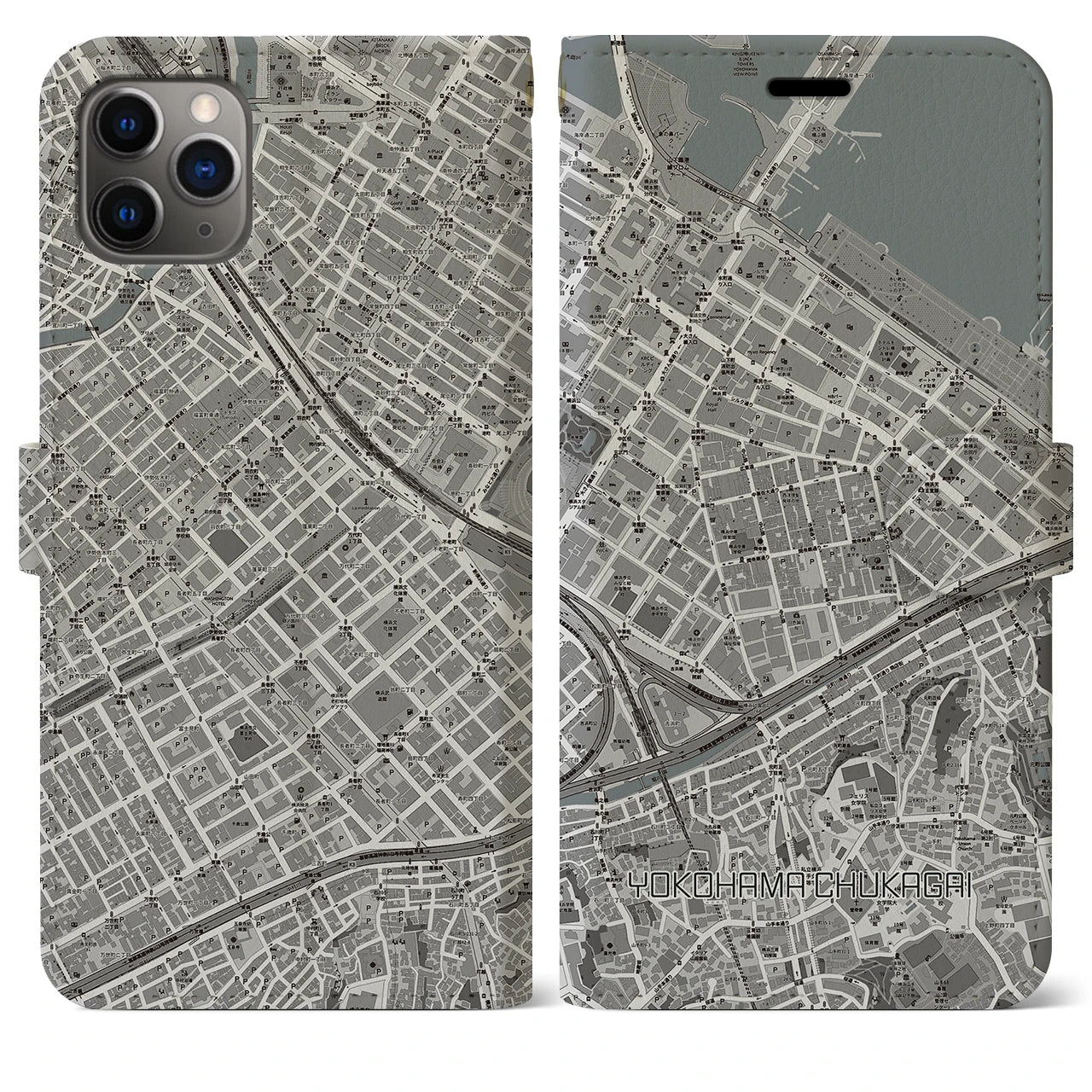 【横浜中華街(神奈川県)】地図柄iPhoneケース(手帳タイプ)モノトーン・iPhone 11 Pro Max 用