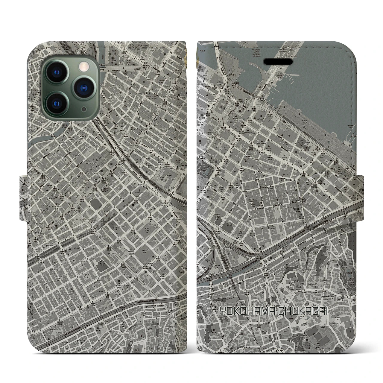 【横浜中華街(神奈川県)】地図柄iPhoneケース(手帳タイプ)モノトーン・iPhone 11 Pro 用