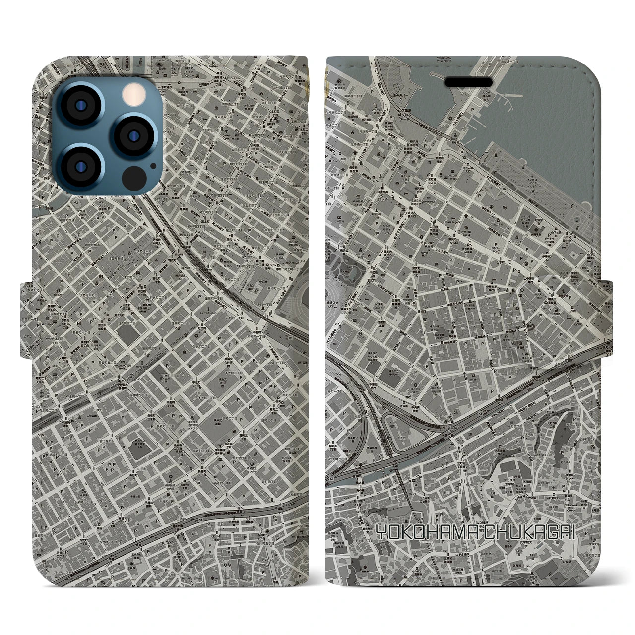 【横浜中華街(神奈川県)】地図柄iPhoneケース(手帳タイプ)モノトーン・iPhone 12 / 12 Pro 用