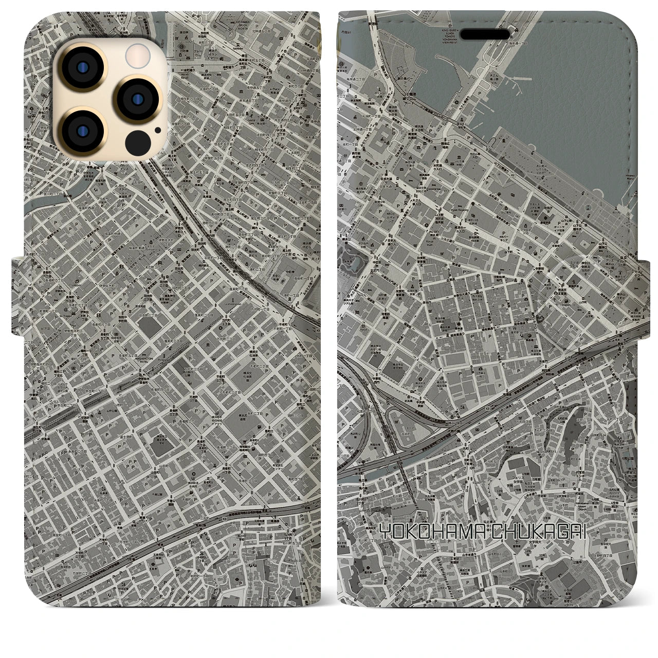 【横浜中華街(神奈川県)】地図柄iPhoneケース(手帳タイプ)モノトーン・iPhone 12 Pro Max 用