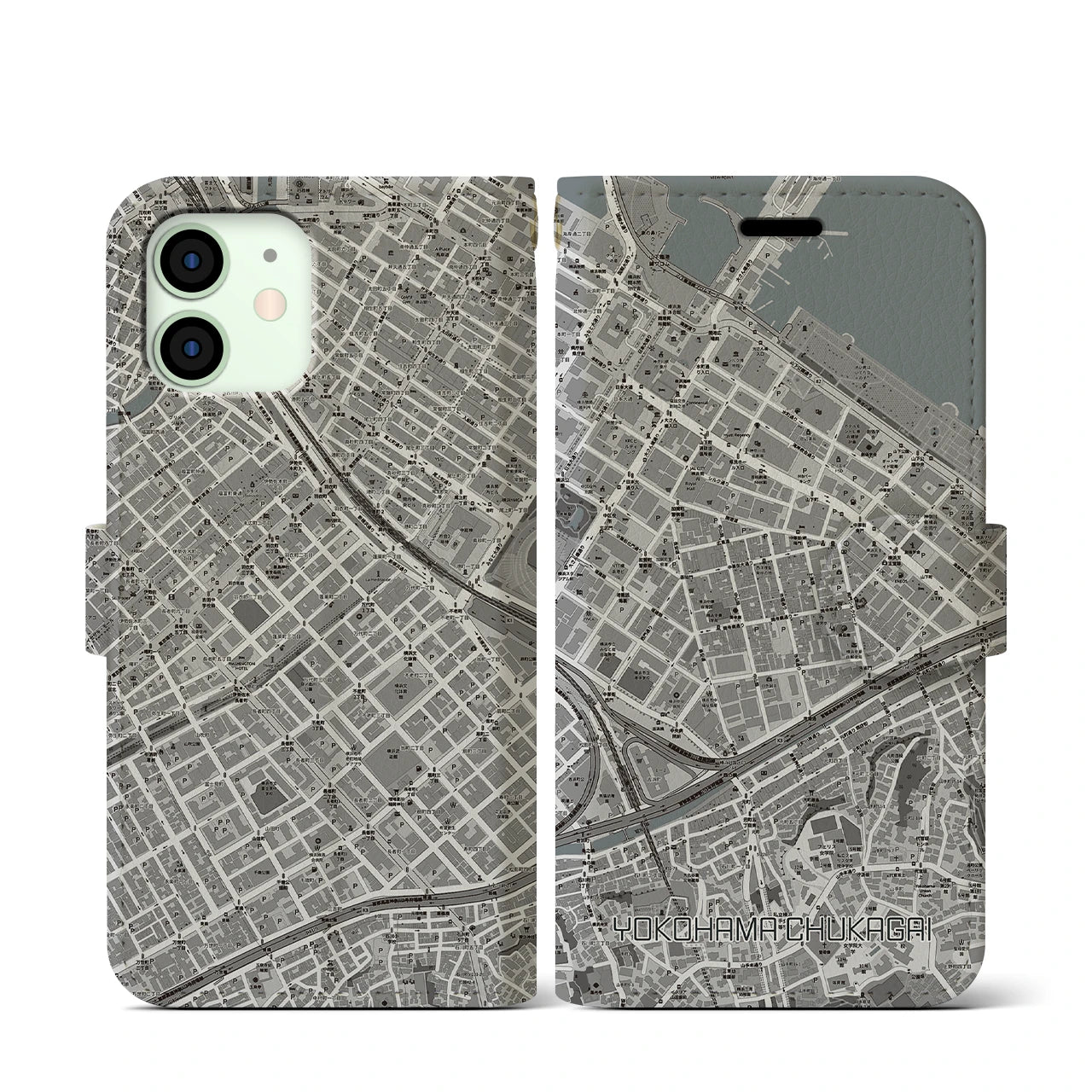 【横浜中華街(神奈川県)】地図柄iPhoneケース(手帳タイプ)モノトーン・iPhone 12 mini 用