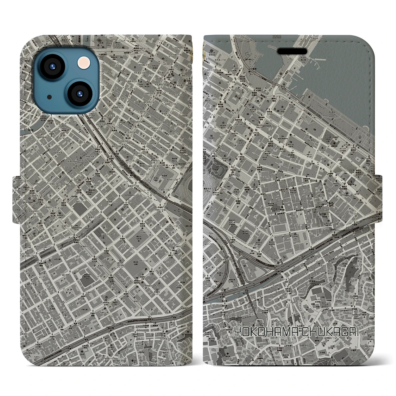 【横浜中華街(神奈川県)】地図柄iPhoneケース(手帳タイプ)モノトーン・iPhone 13 用