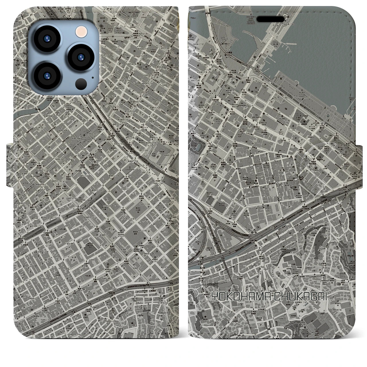 【横浜中華街(神奈川県)】地図柄iPhoneケース(手帳タイプ)モノトーン・iPhone 13 Pro Max 用