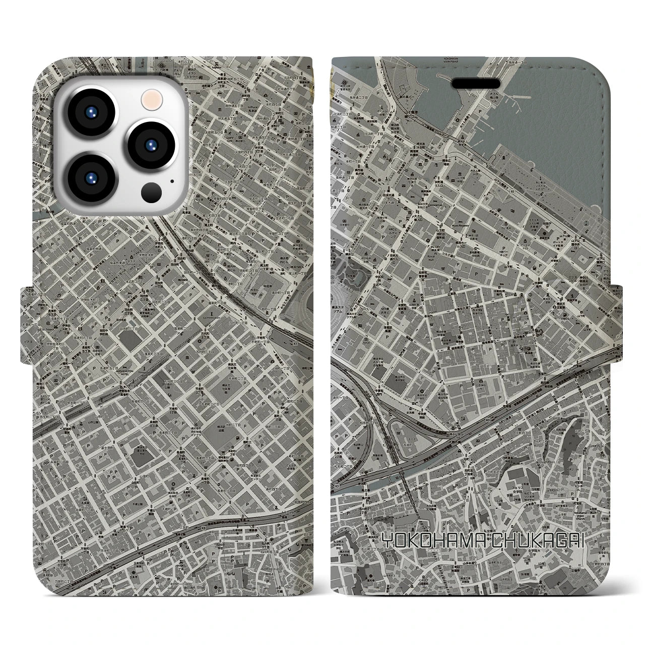 【横浜中華街(神奈川県)】地図柄iPhoneケース(手帳タイプ)モノトーン・iPhone 13 Pro 用