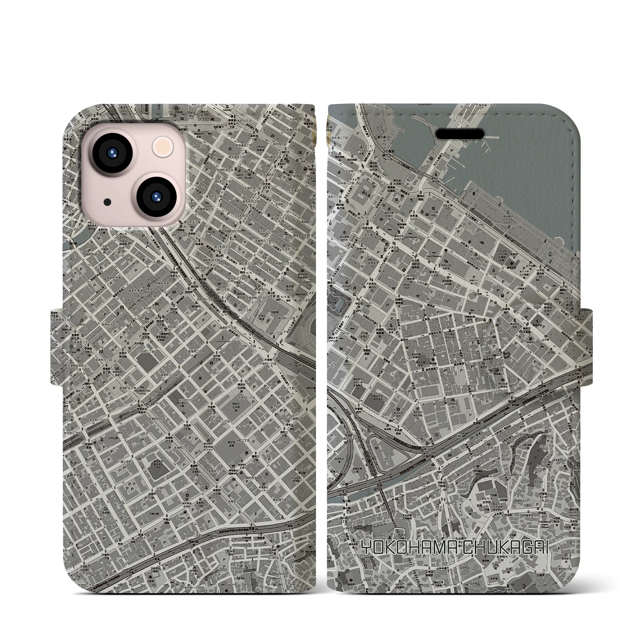 【横浜中華街(神奈川県)】地図柄iPhoneケース(手帳タイプ)モノトーン・iPhone 13 mini 用