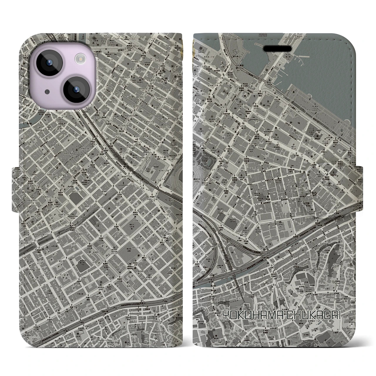 【横浜中華街(神奈川県)】地図柄iPhoneケース(手帳タイプ)モノトーン・iPhone 14 用