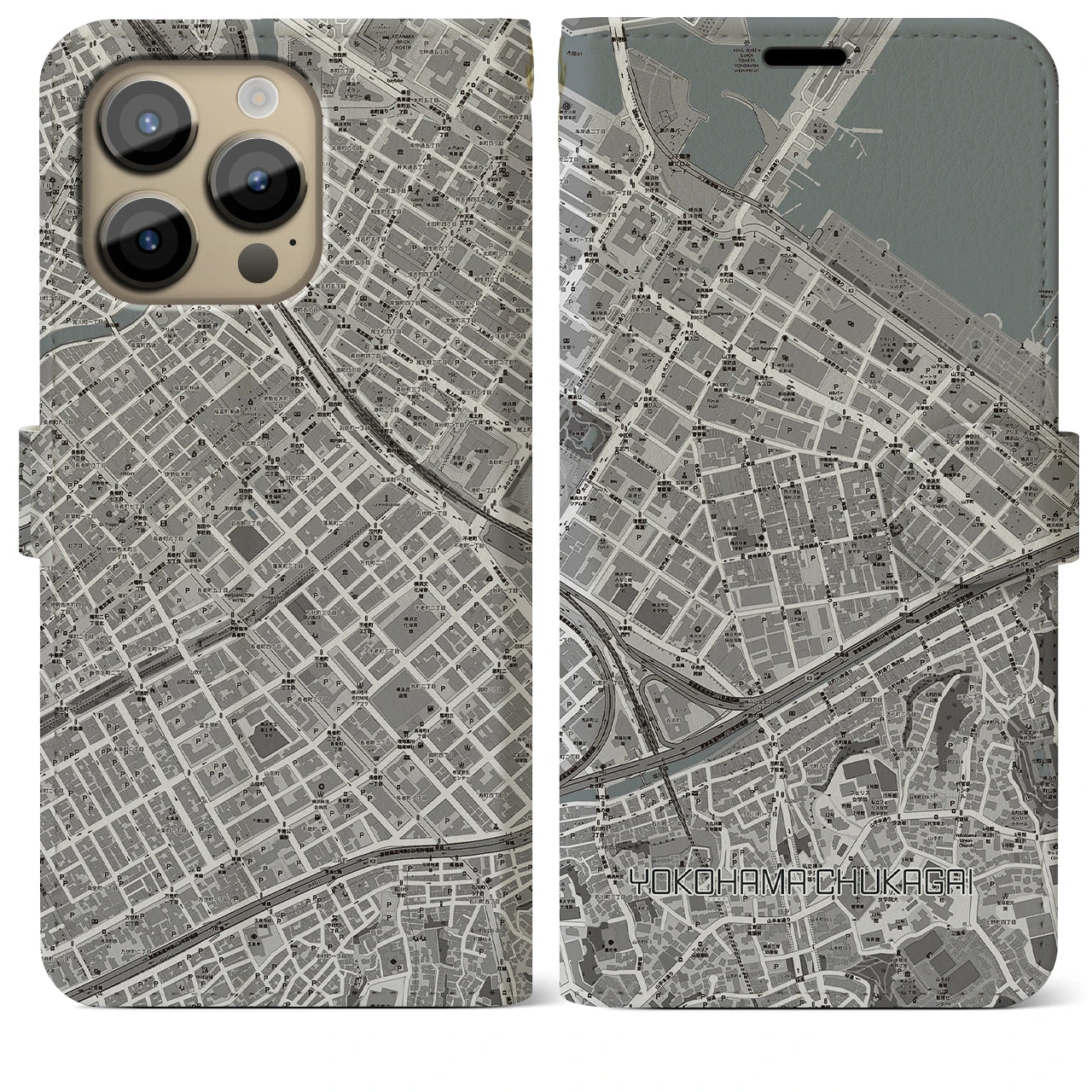 【横浜中華街(神奈川県)】地図柄iPhoneケース(手帳タイプ)モノトーン・iPhone 14 Pro Max 用