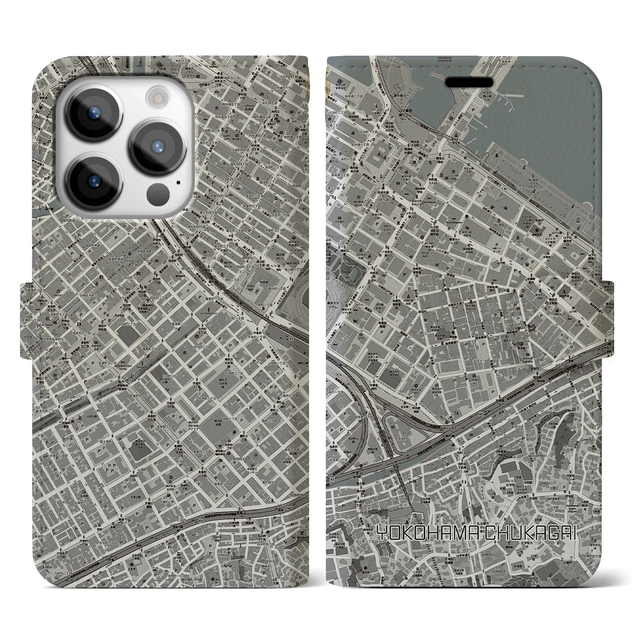 【横浜中華街(神奈川県)】地図柄iPhoneケース(手帳タイプ)モノトーン・iPhone 14 Pro 用