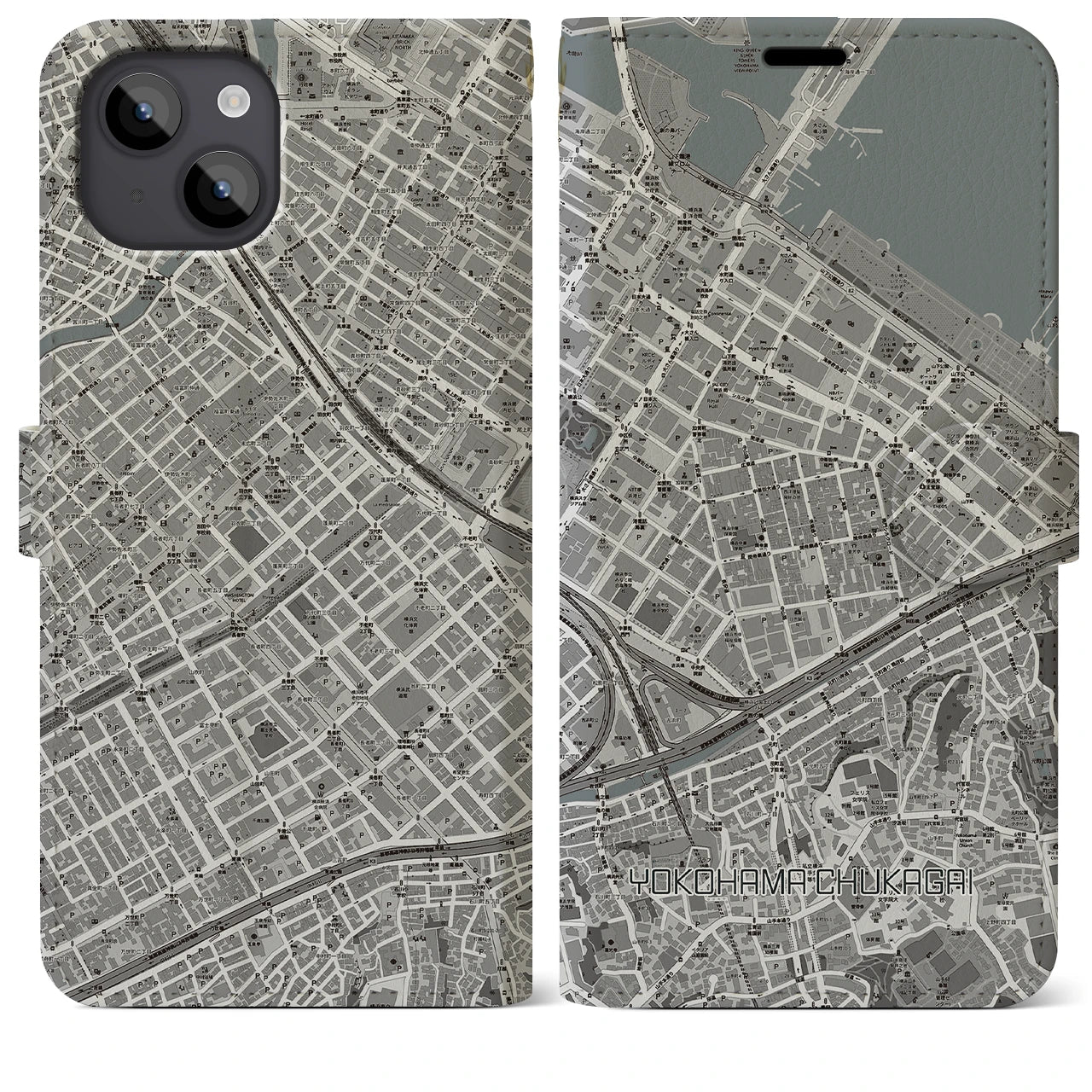 【横浜中華街(神奈川県)】地図柄iPhoneケース(手帳タイプ)モノトーン・iPhone 14 Plus 用