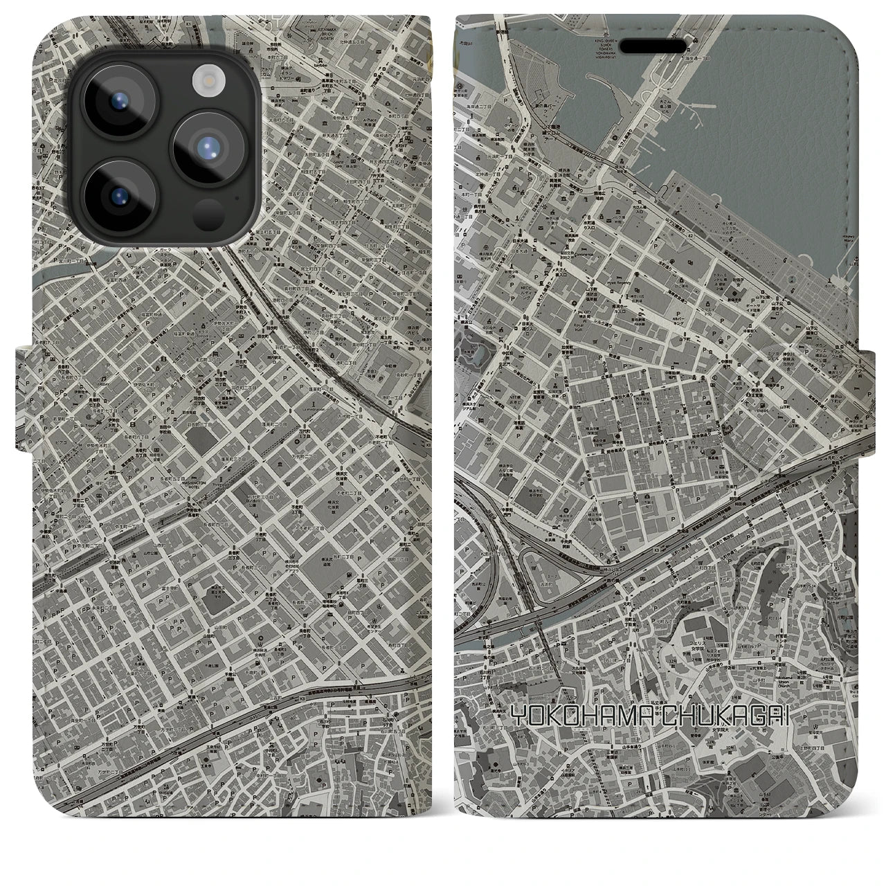 【横浜中華街(神奈川県)】地図柄iPhoneケース(手帳タイプ)モノトーン・iPhone 15 Pro Max 用