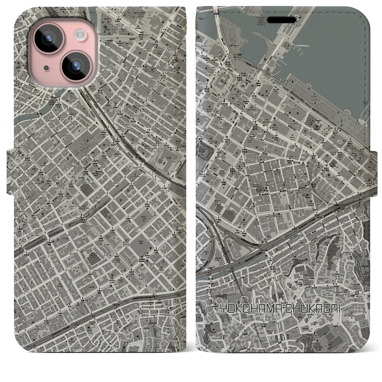 【横浜中華街(神奈川県)】地図柄iPhoneケース(手帳タイプ)モノトーン・iPhone 15 Plus 用