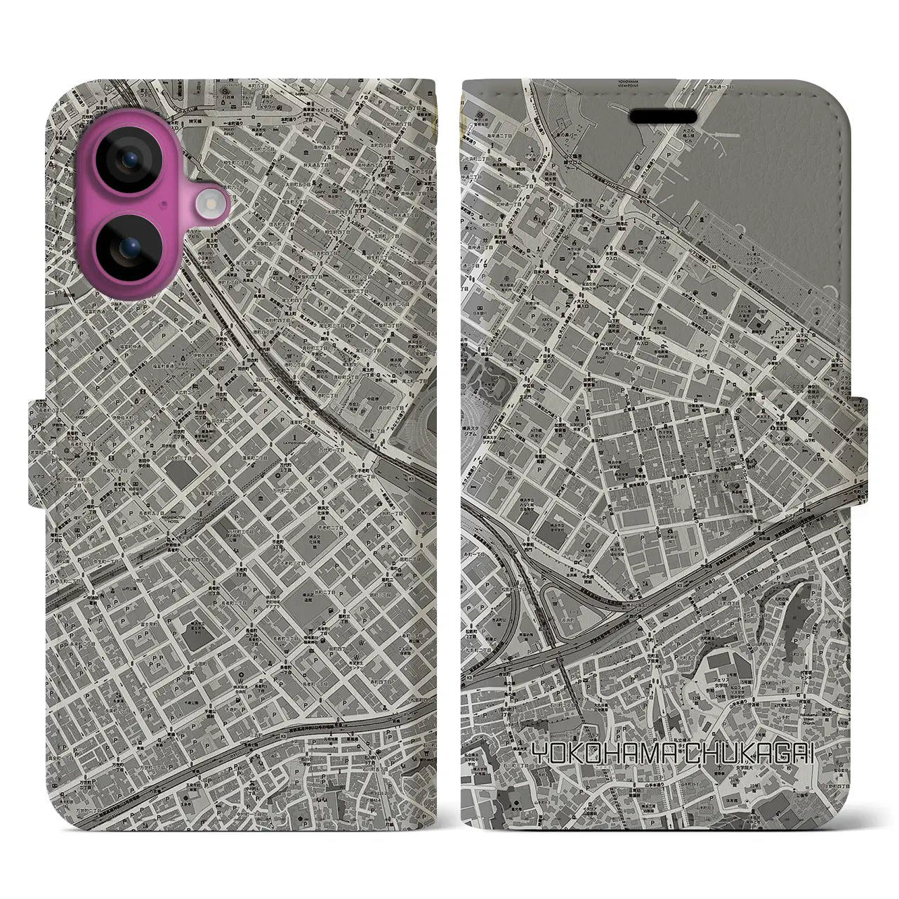 【横浜中華街(神奈川県)】地図柄iPhoneケース(手帳タイプ)モノトーン・iPhone 16 Pro 用