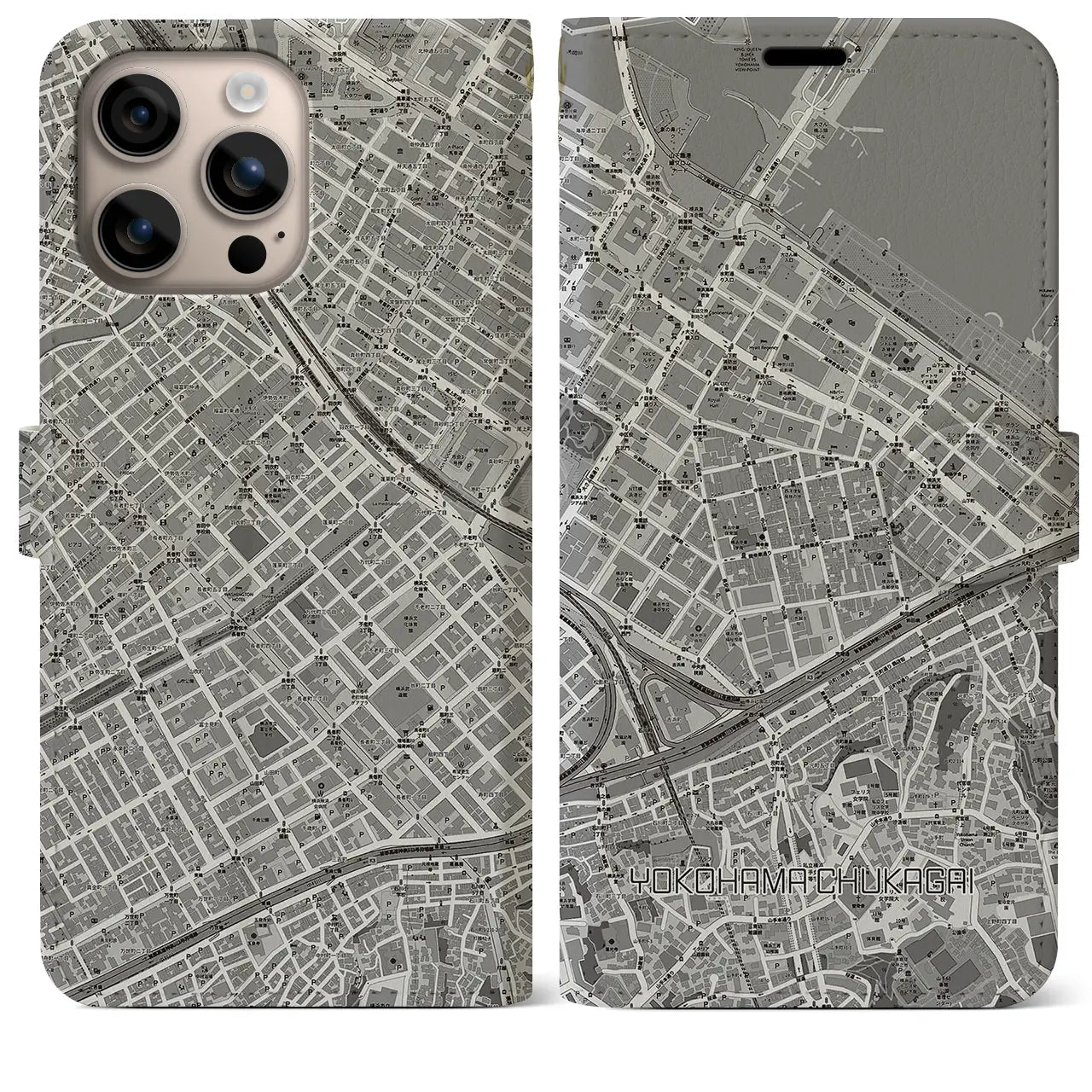 【横浜中華街(神奈川県)】地図柄iPhoneケース(手帳タイプ)モノトーン・iPhone 16 Plus 用