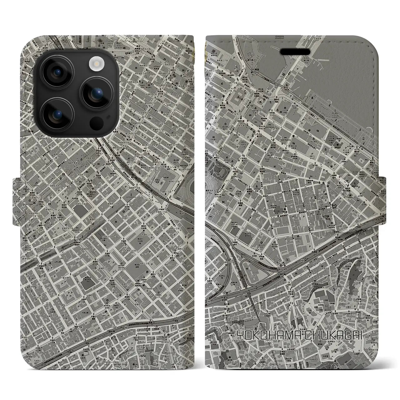 【横浜中華街(神奈川県)】地図柄iPhoneケース(手帳タイプ)モノトーン・iPhone 16 用
