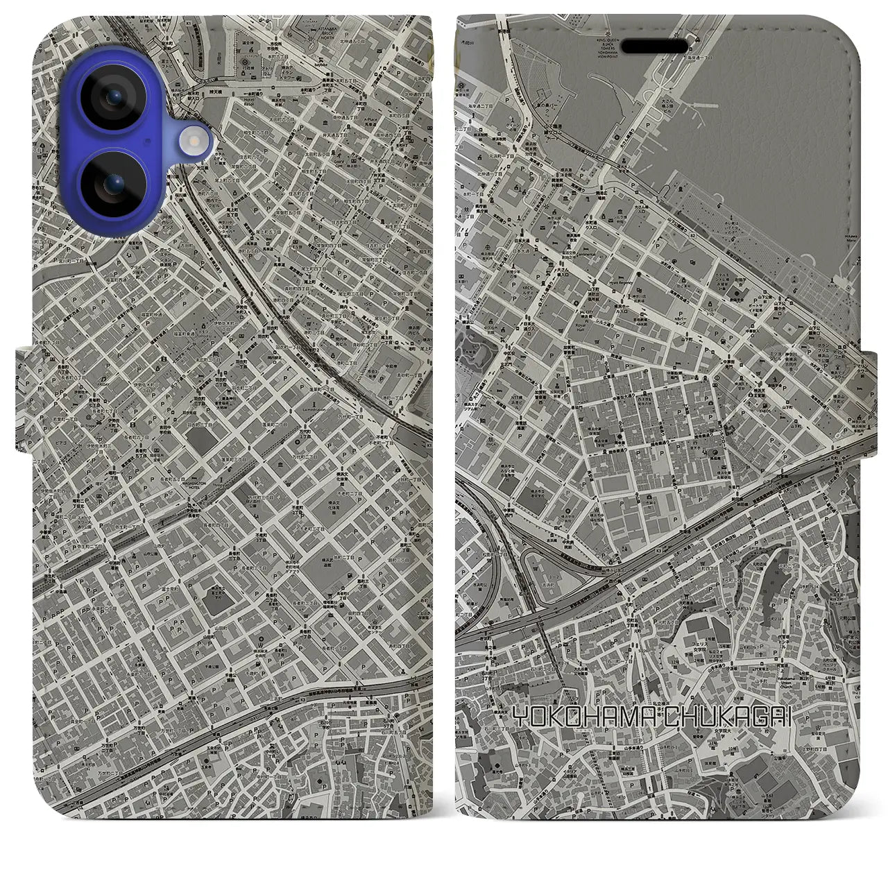 【横浜中華街(神奈川県)】地図柄iPhoneケース(手帳タイプ)モノトーン・iPhone 16 Pro Max 用
