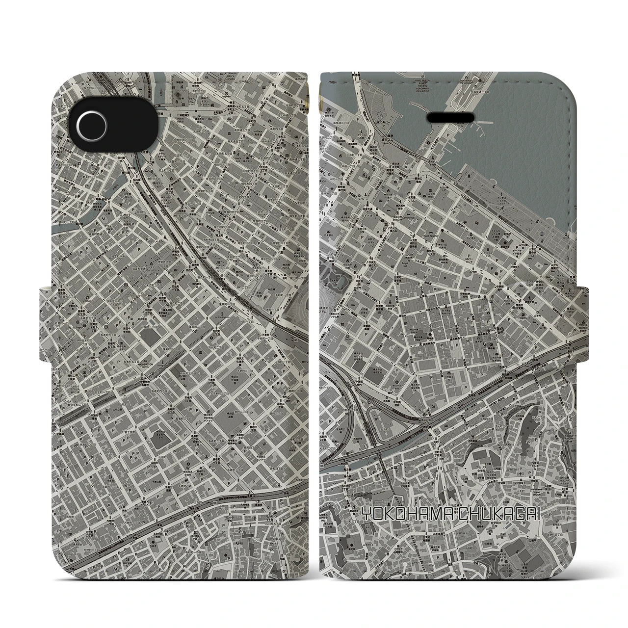 【横浜中華街(神奈川県)】地図柄iPhoneケース(手帳タイプ)モノトーン・iPhone SE(第3 / 第2世代) / 8 / 7 / 6s / 6 用