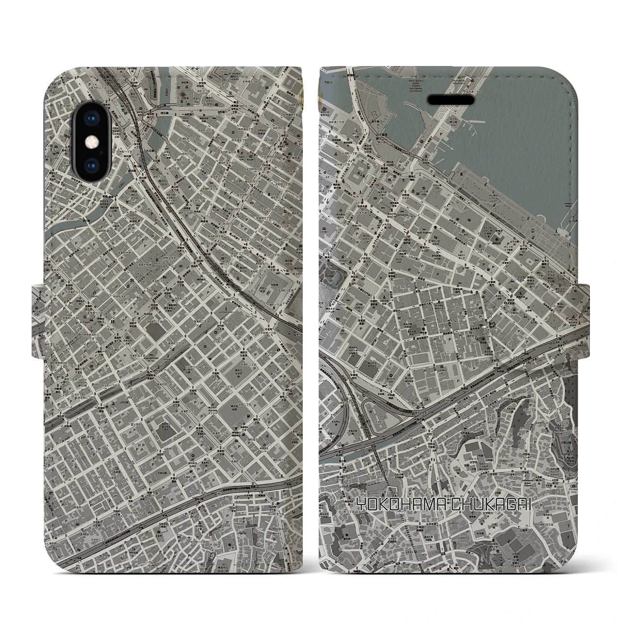 【横浜中華街(神奈川県)】地図柄iPhoneケース(手帳タイプ)モノトーン・iPhone XS / X 用
