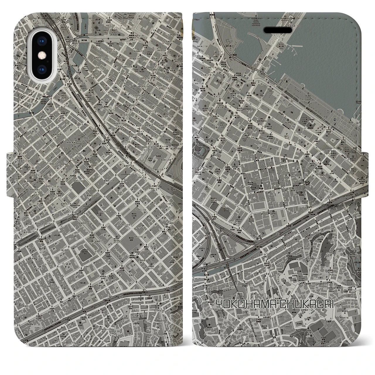 【横浜中華街(神奈川県)】地図柄iPhoneケース(手帳タイプ)モノトーン・iPhone XS Max 用