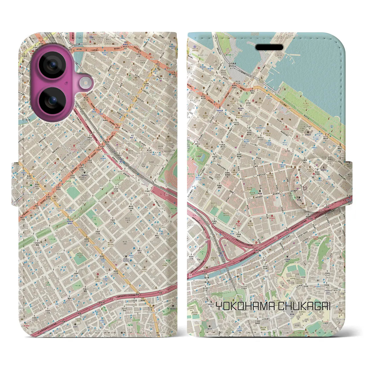 【横浜中華街(神奈川県)】地図柄iPhoneケース(手帳タイプ)ナチュラル・iPhone 16 Pro 用