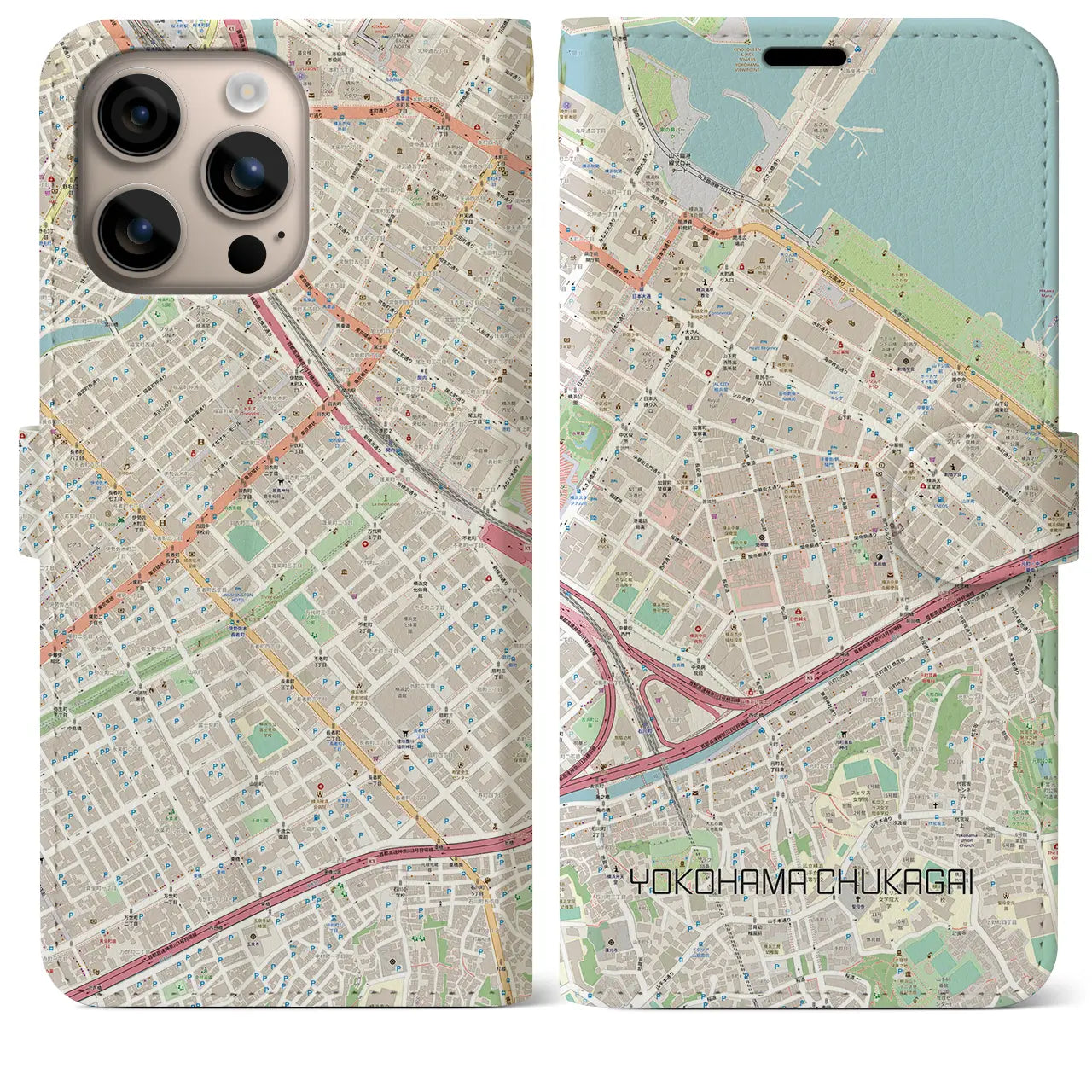 【横浜中華街(神奈川県)】地図柄iPhoneケース(手帳タイプ)ナチュラル・iPhone 16 Plus 用