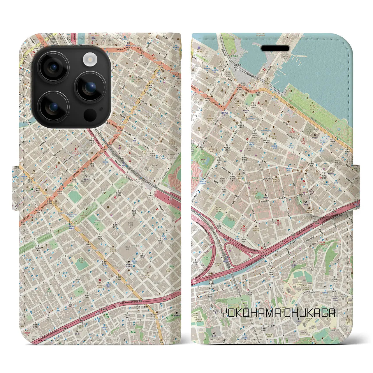 【横浜中華街(神奈川県)】地図柄iPhoneケース(手帳タイプ)ナチュラル・iPhone 16 用