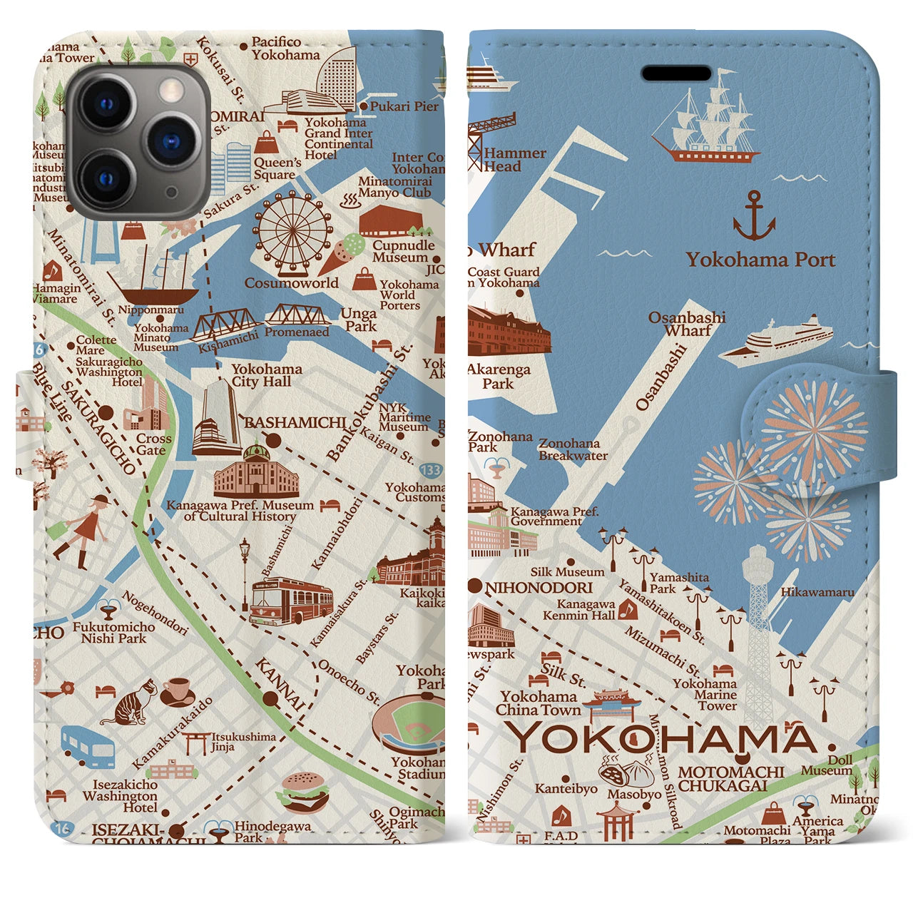 【横浜(イラスト)】イラストマップiPhoneケース(手帳タイプ)ブライト・iPhone 11 Pro Max 用