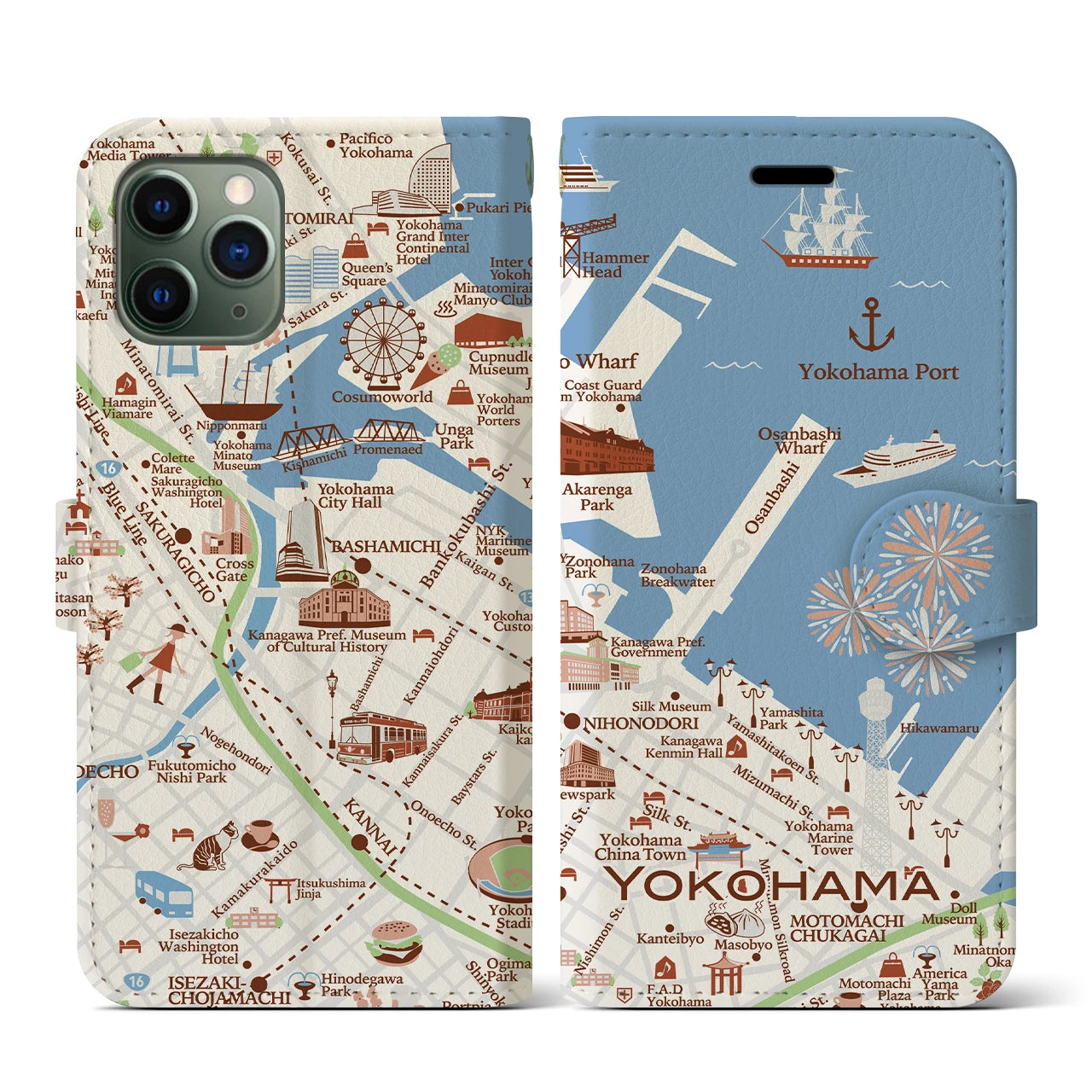 【横浜(イラスト)】イラストマップiPhoneケース(手帳タイプ)ブライト・iPhone 11 Pro 用