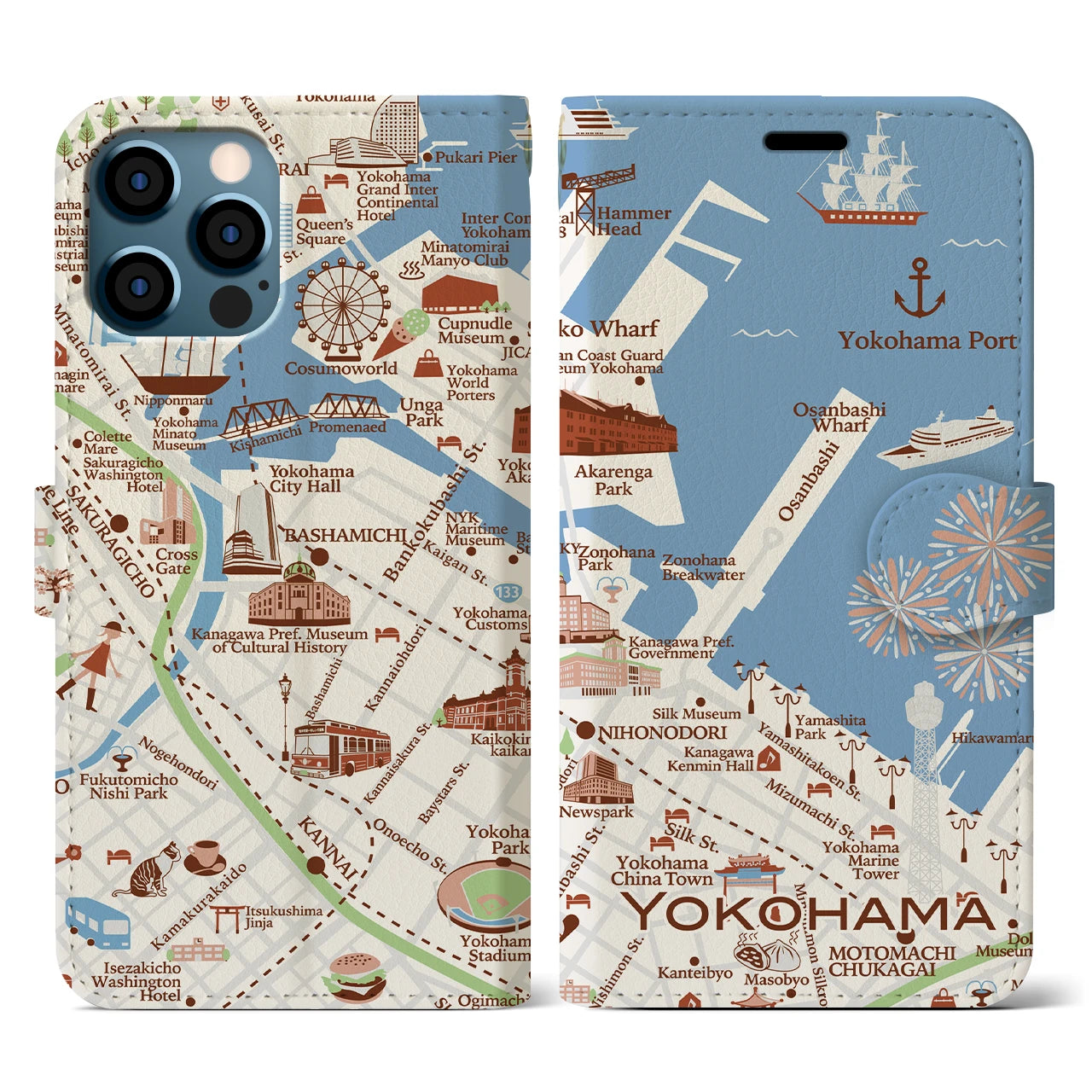 【横浜(イラスト)】イラストマップiPhoneケース(手帳タイプ)ブライト・iPhone 12 / 12 Pro 用