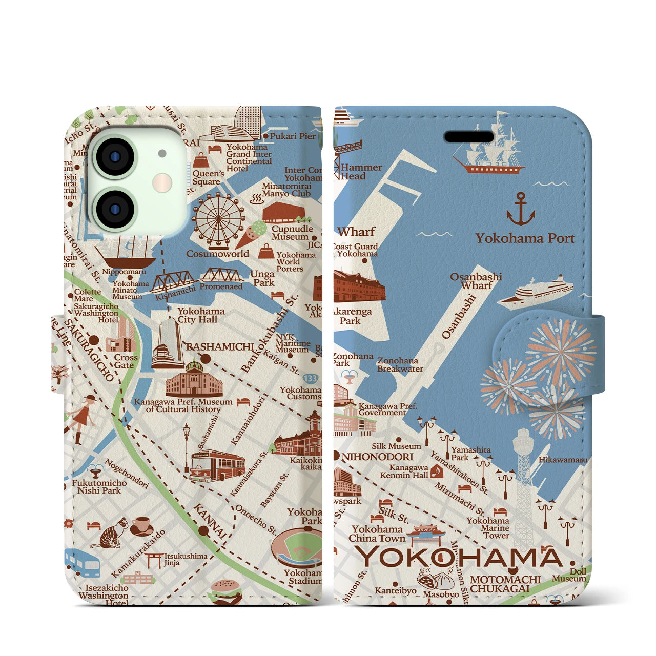 【横浜(イラスト)】イラストマップiPhoneケース(手帳タイプ)ブライト・iPhone 12 mini 用