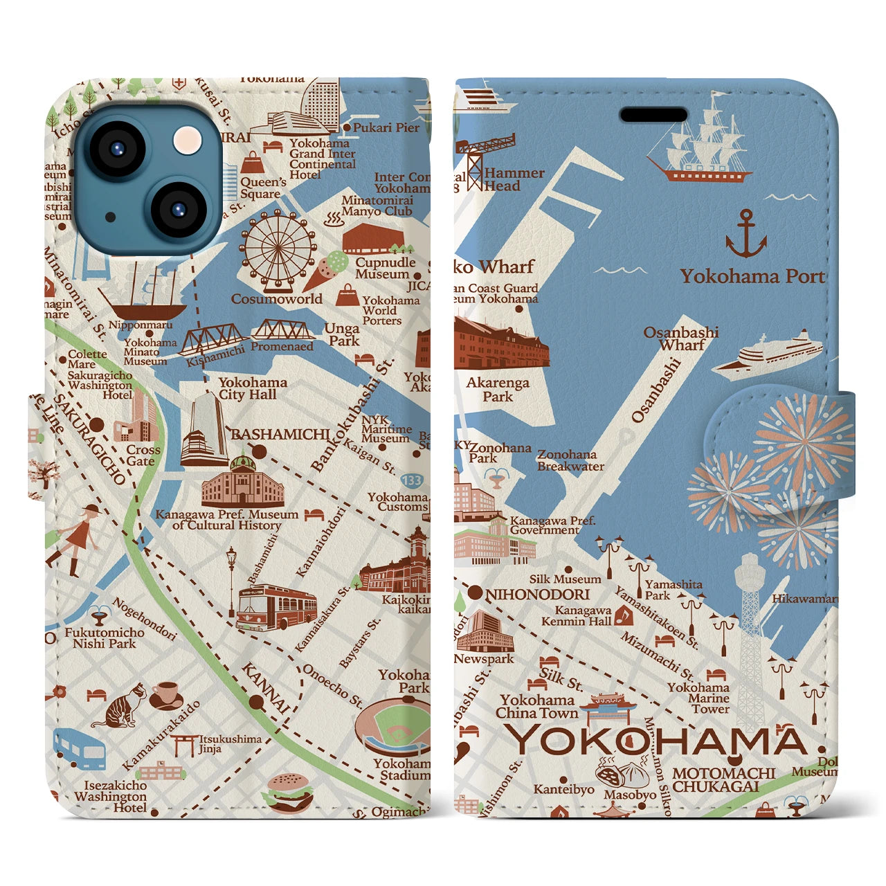 【横浜(イラスト)】イラストマップiPhoneケース(手帳タイプ)ブライト・iPhone 13 用