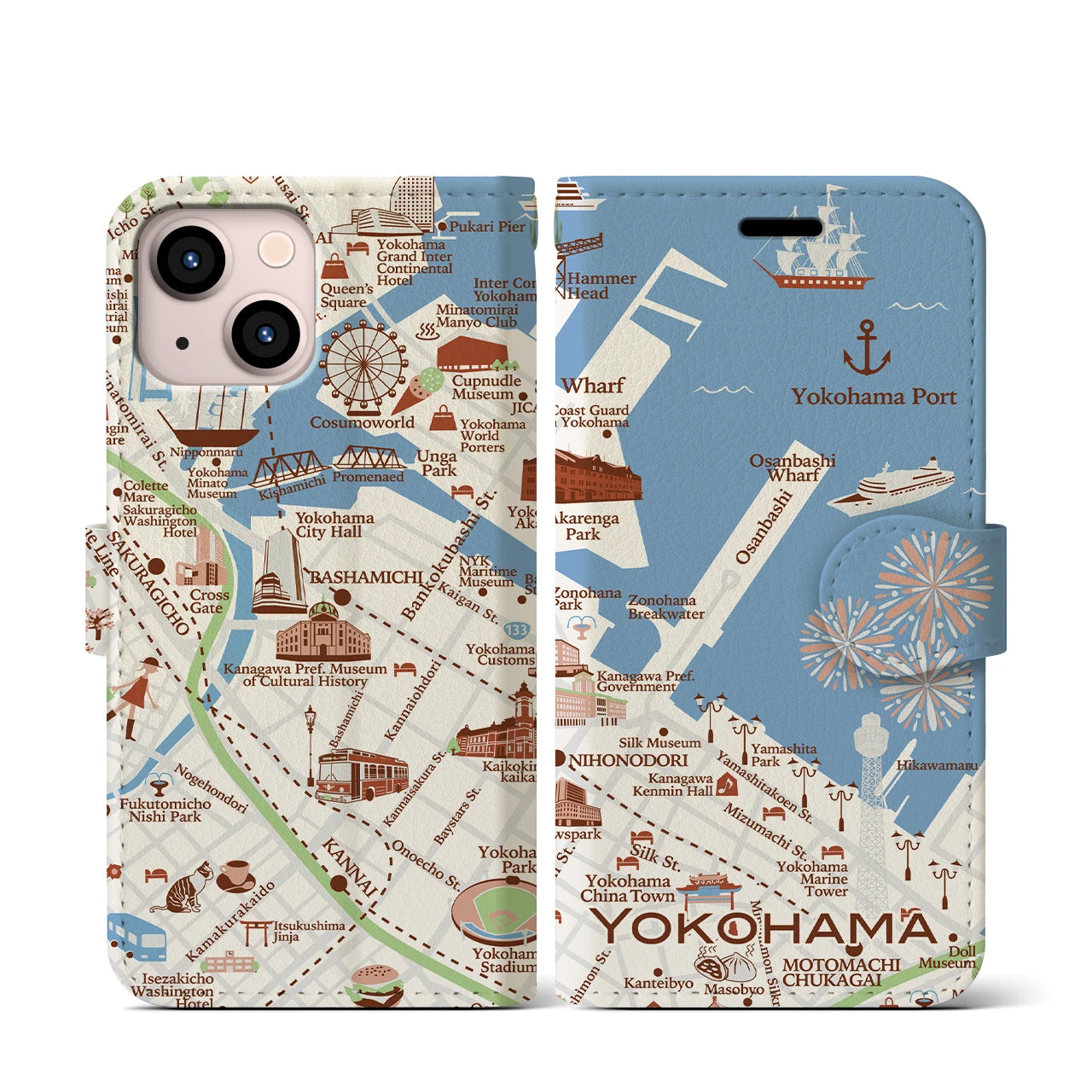 【横浜(イラスト)】イラストマップiPhoneケース(手帳タイプ)ブライト・iPhone 13 mini 用