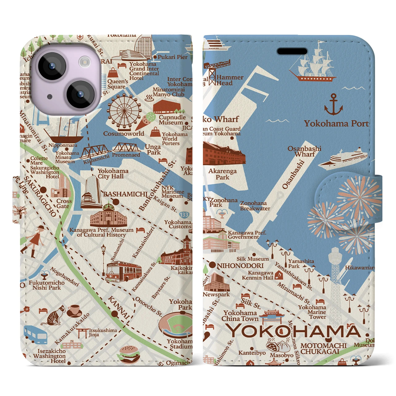 【横浜(イラスト)】イラストマップiPhoneケース(手帳タイプ)ブライト・iPhone 14 用