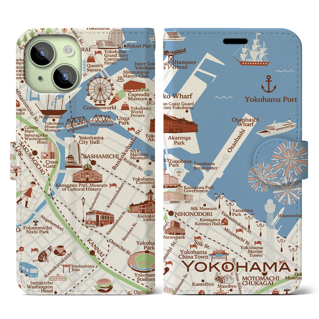 【横浜(イラスト)】イラストマップiPhoneケース(手帳タイプ)ブライト・iPhone 15 用