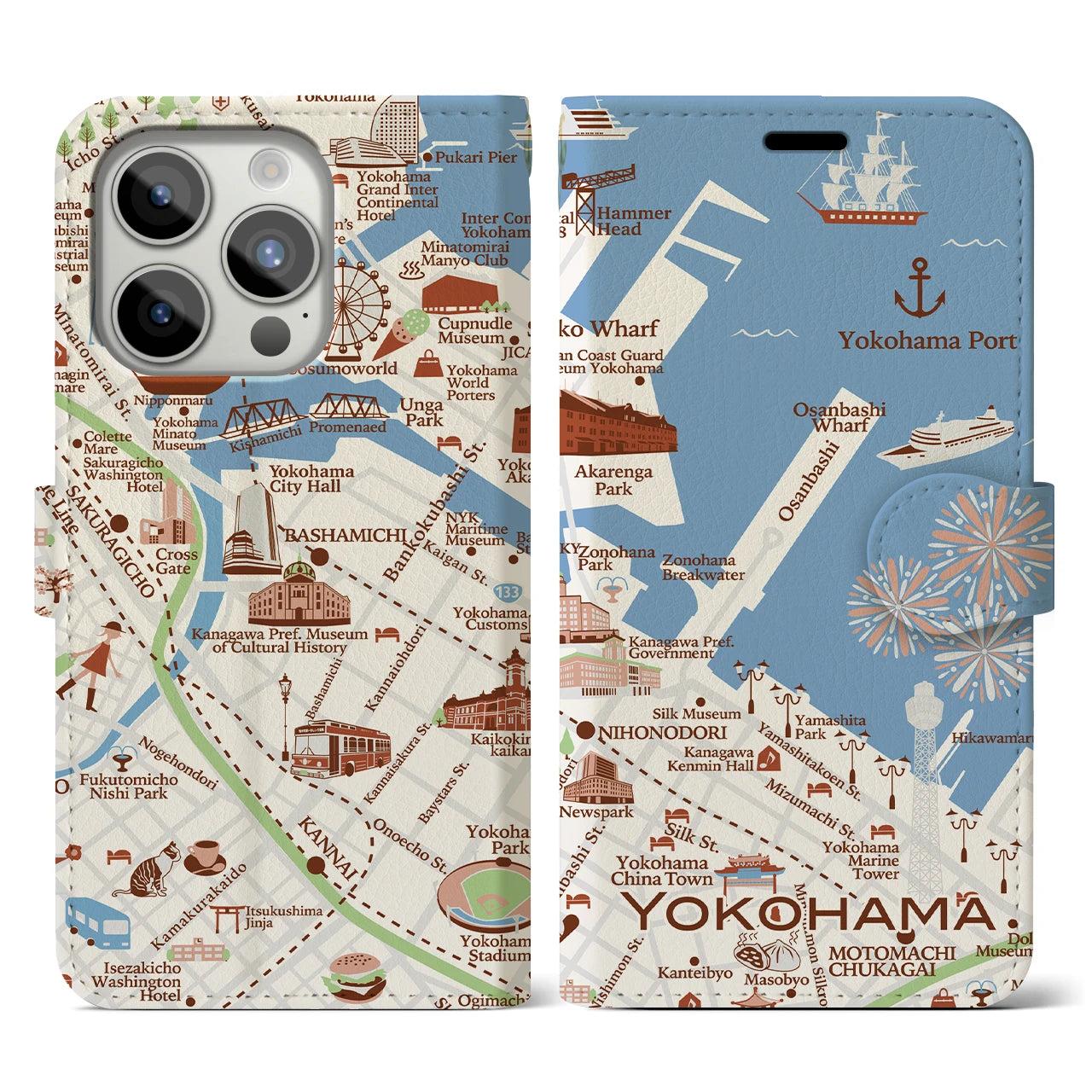 【横浜(イラスト)】イラストマップiPhoneケース(手帳タイプ)ブライト・iPhone 15 Pro 用