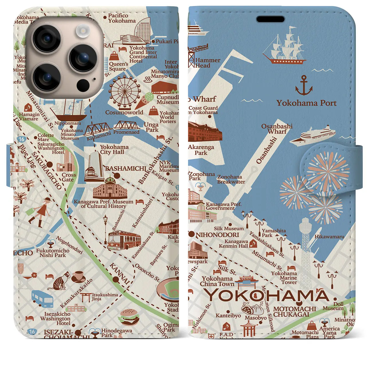 【横浜(イラスト)】イラストマップiPhoneケース(手帳タイプ)ブライト・iPhone 16 Plus 用