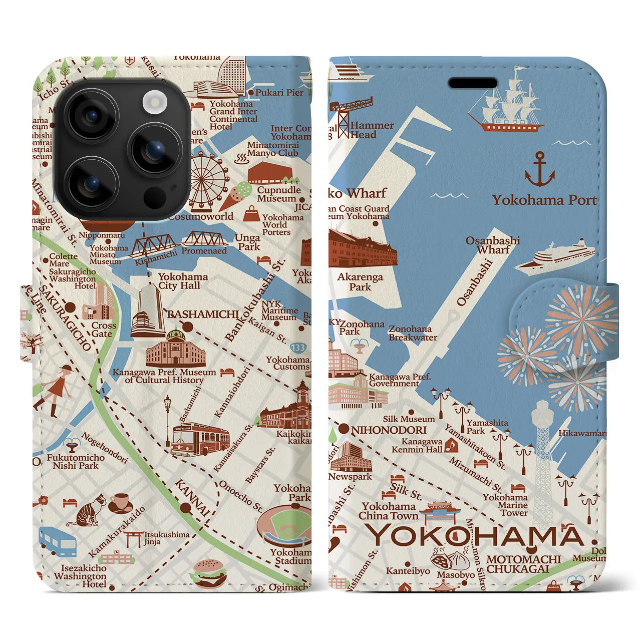 【横浜(イラスト)】イラストマップiPhoneケース(手帳タイプ)ブライト・iPhone 16 用