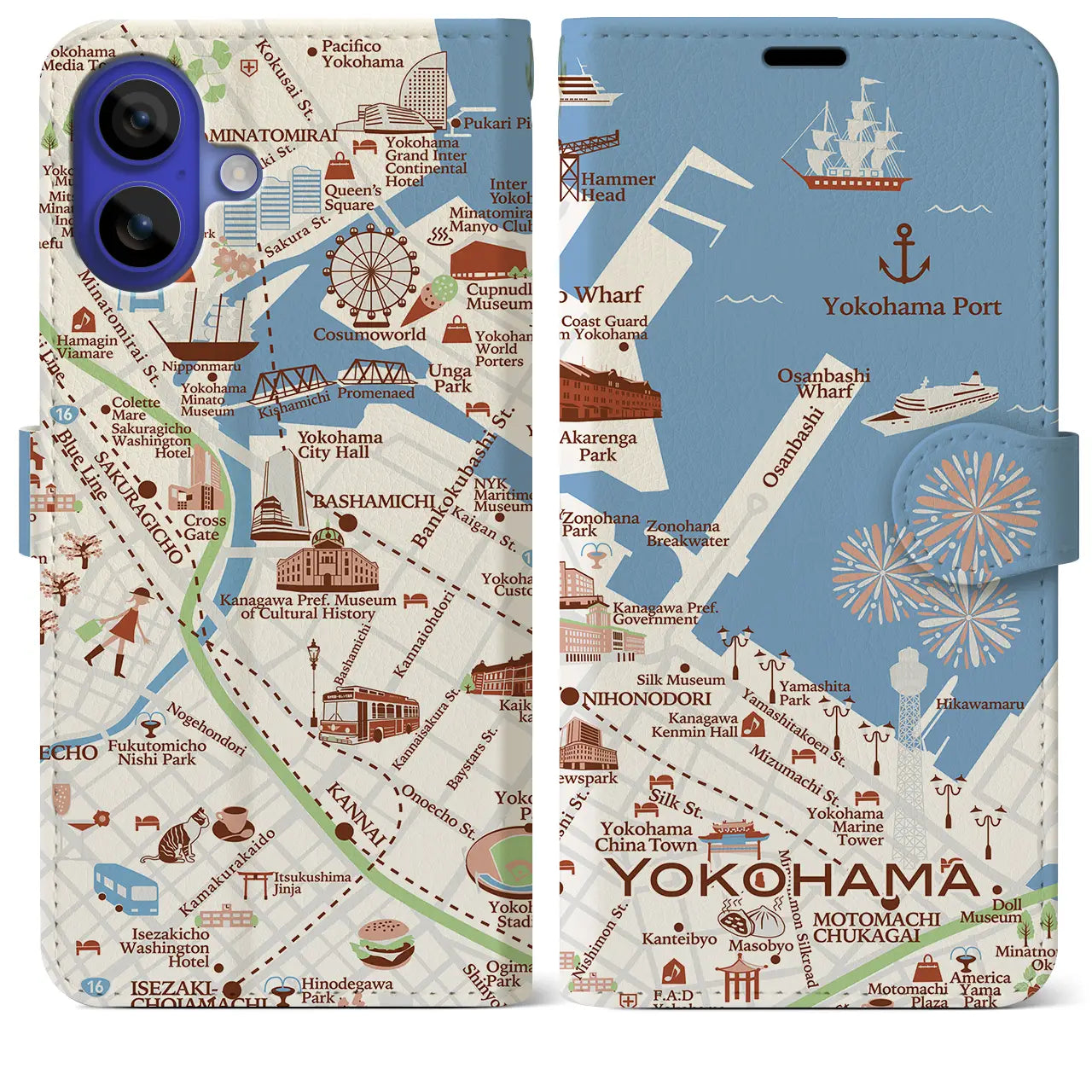 【横浜(イラスト)】イラストマップiPhoneケース(手帳タイプ)ブライト・iPhone 16 Pro Max 用
