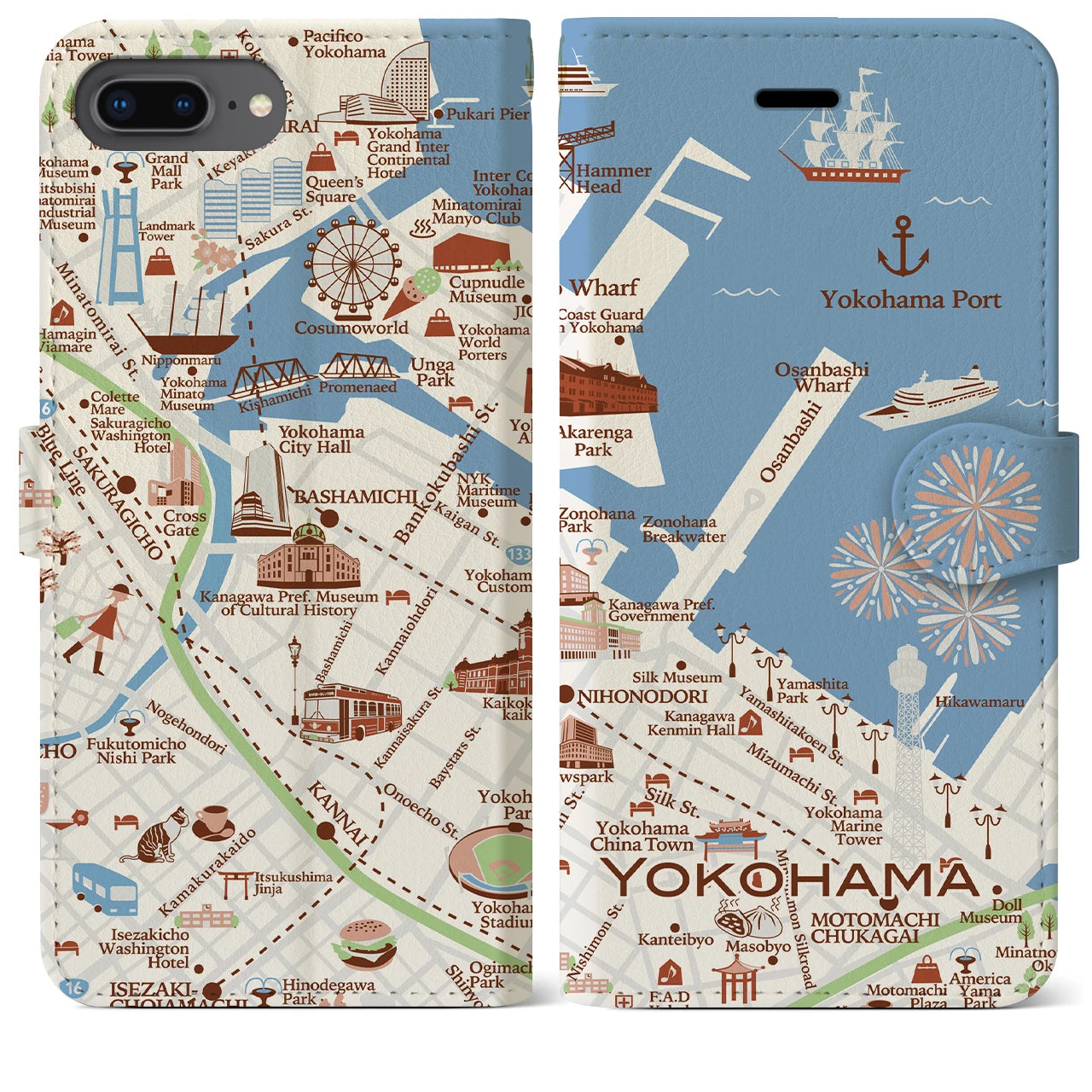 【横浜(イラスト)】イラストマップiPhoneケース(手帳タイプ)ブライト・iPhone 8Plus /7Plus / 6sPlus / 6Plus 用