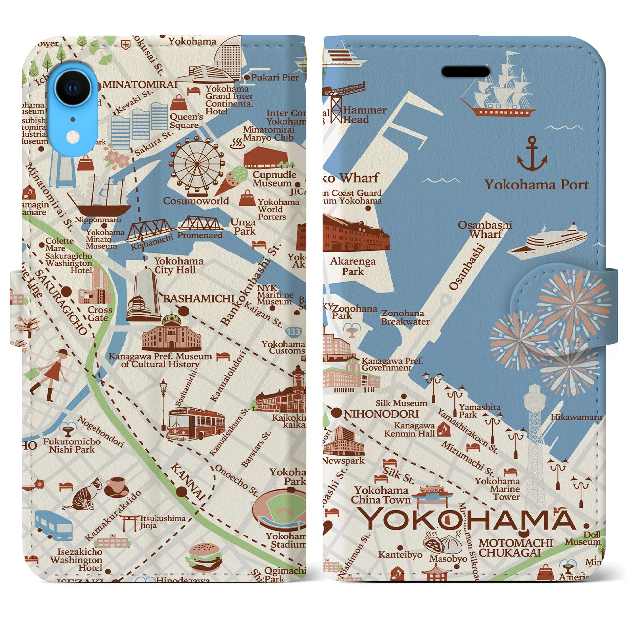 【横浜(イラスト)】イラストマップiPhoneケース(手帳タイプ)ブライト・iPhone XR 用