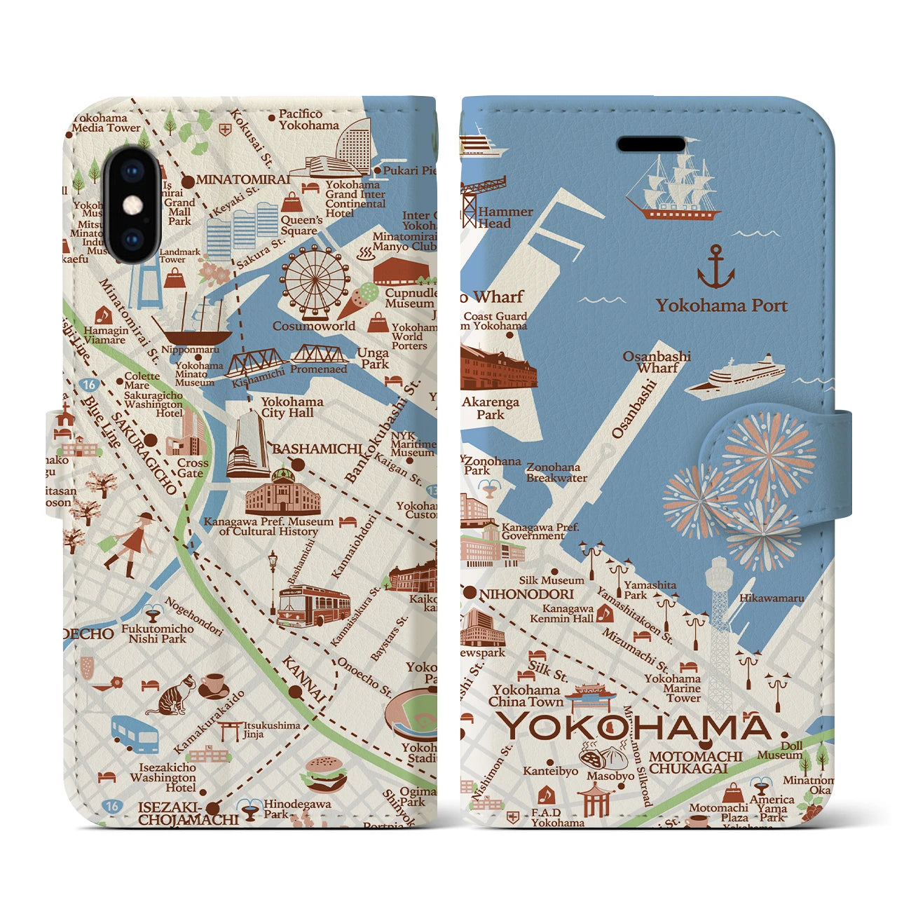 【横浜(イラスト)】イラストマップiPhoneケース(手帳タイプ)ブライト・iPhone XS / X 用