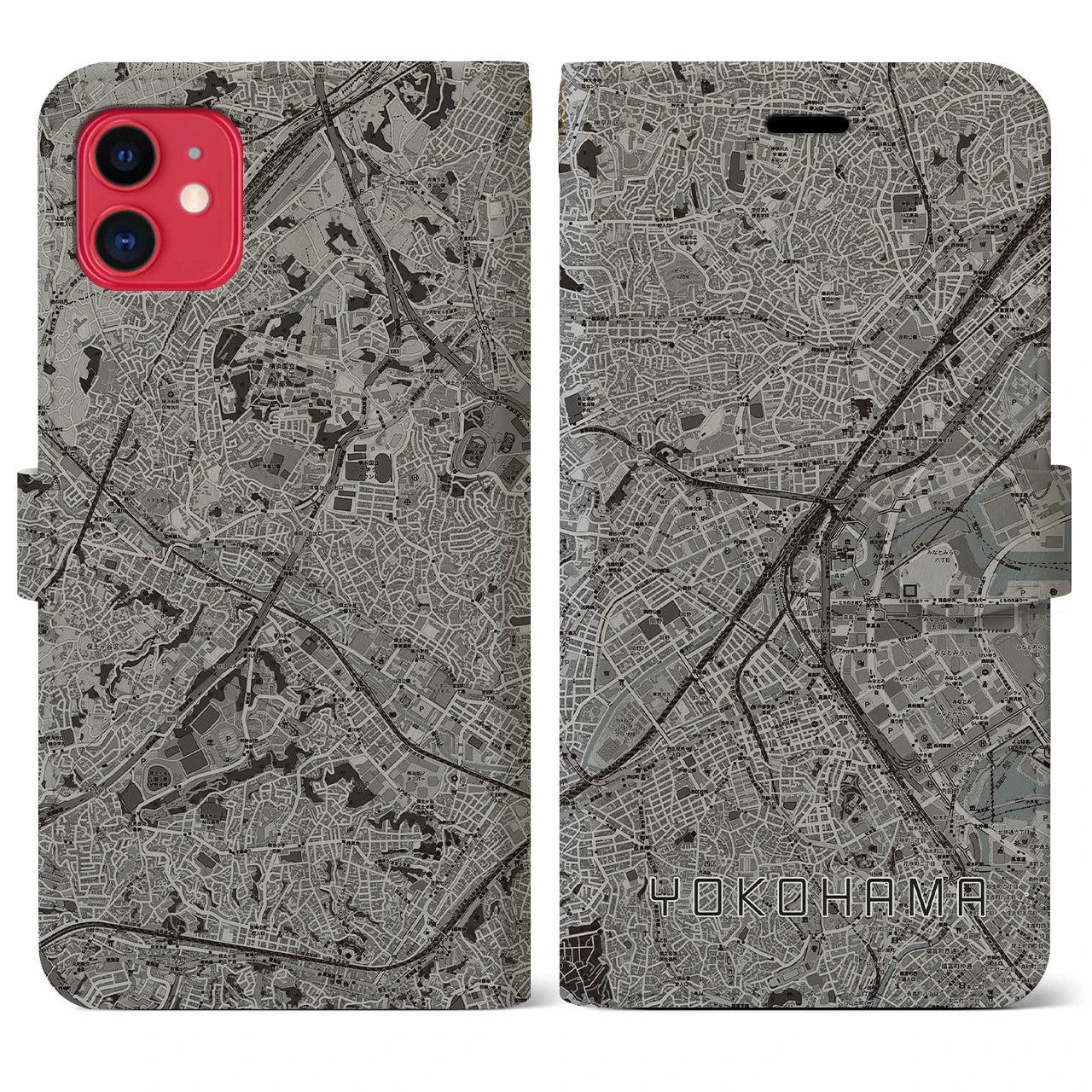 【横浜2(神奈川県)】地図柄iPhoneケース(手帳タイプ)モノトーン・iPhone 11 用