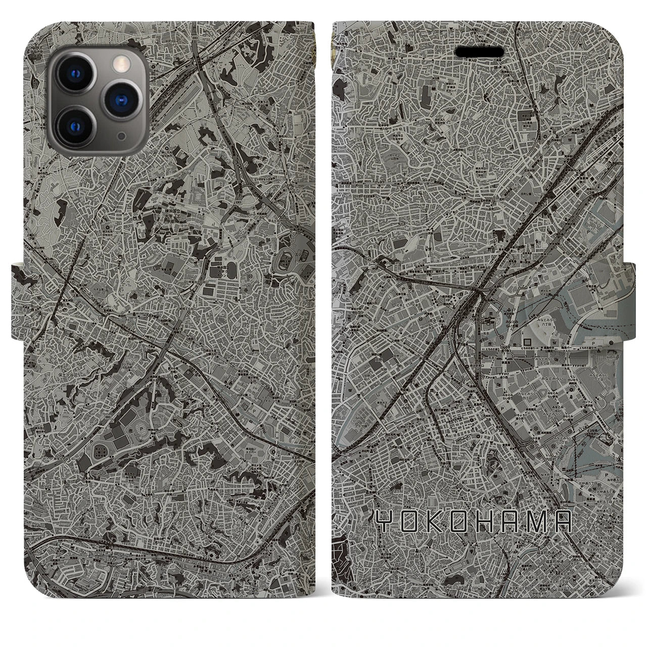 【横浜2(神奈川県)】地図柄iPhoneケース(手帳タイプ)モノトーン・iPhone 11 Pro Max 用