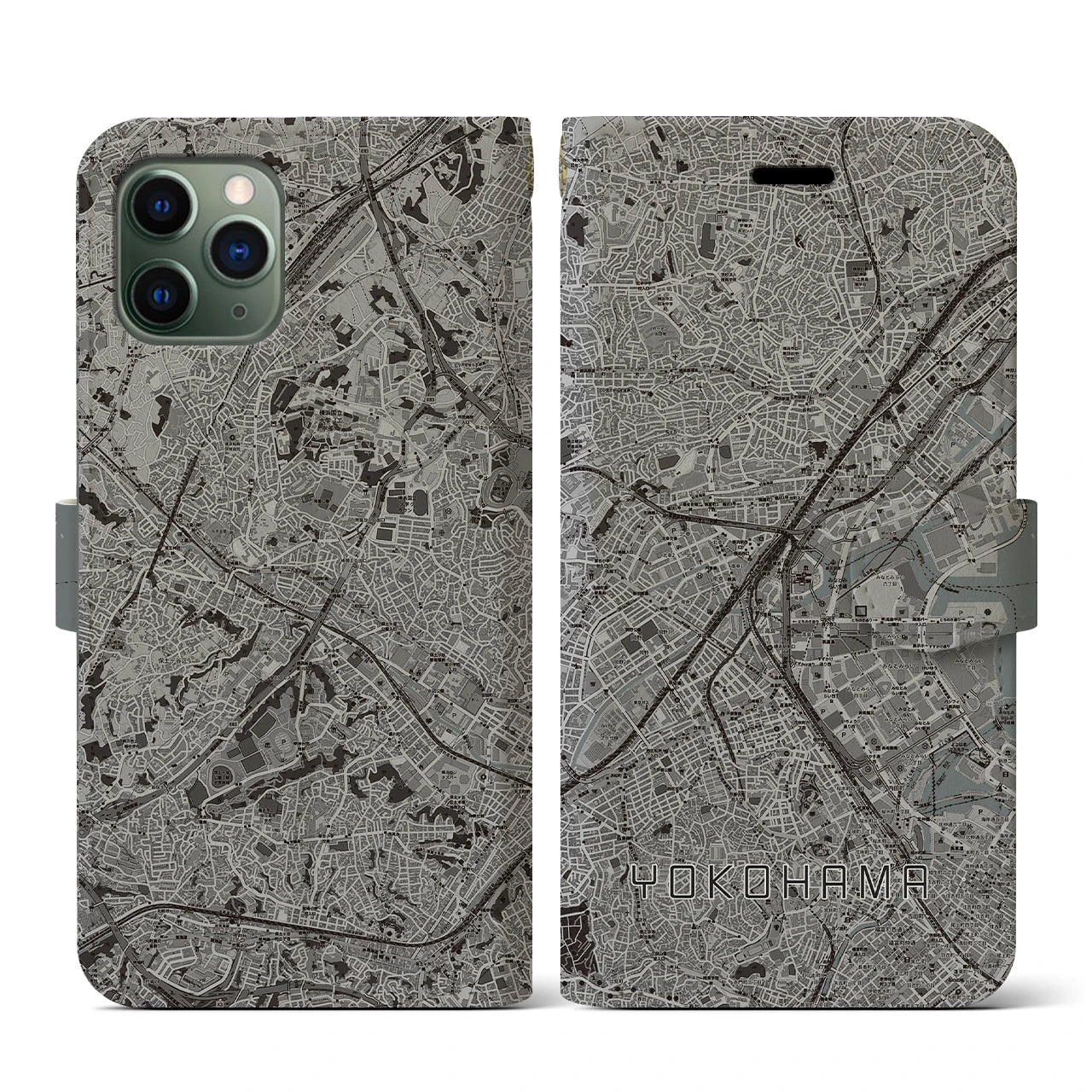 【横浜2(神奈川県)】地図柄iPhoneケース(手帳タイプ)モノトーン・iPhone 11 Pro 用