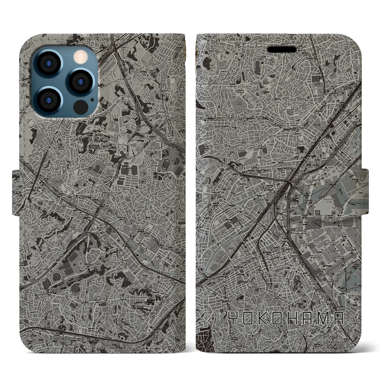 【横浜2(神奈川県)】地図柄iPhoneケース(手帳タイプ)モノトーン・iPhone 12 / 12 Pro 用