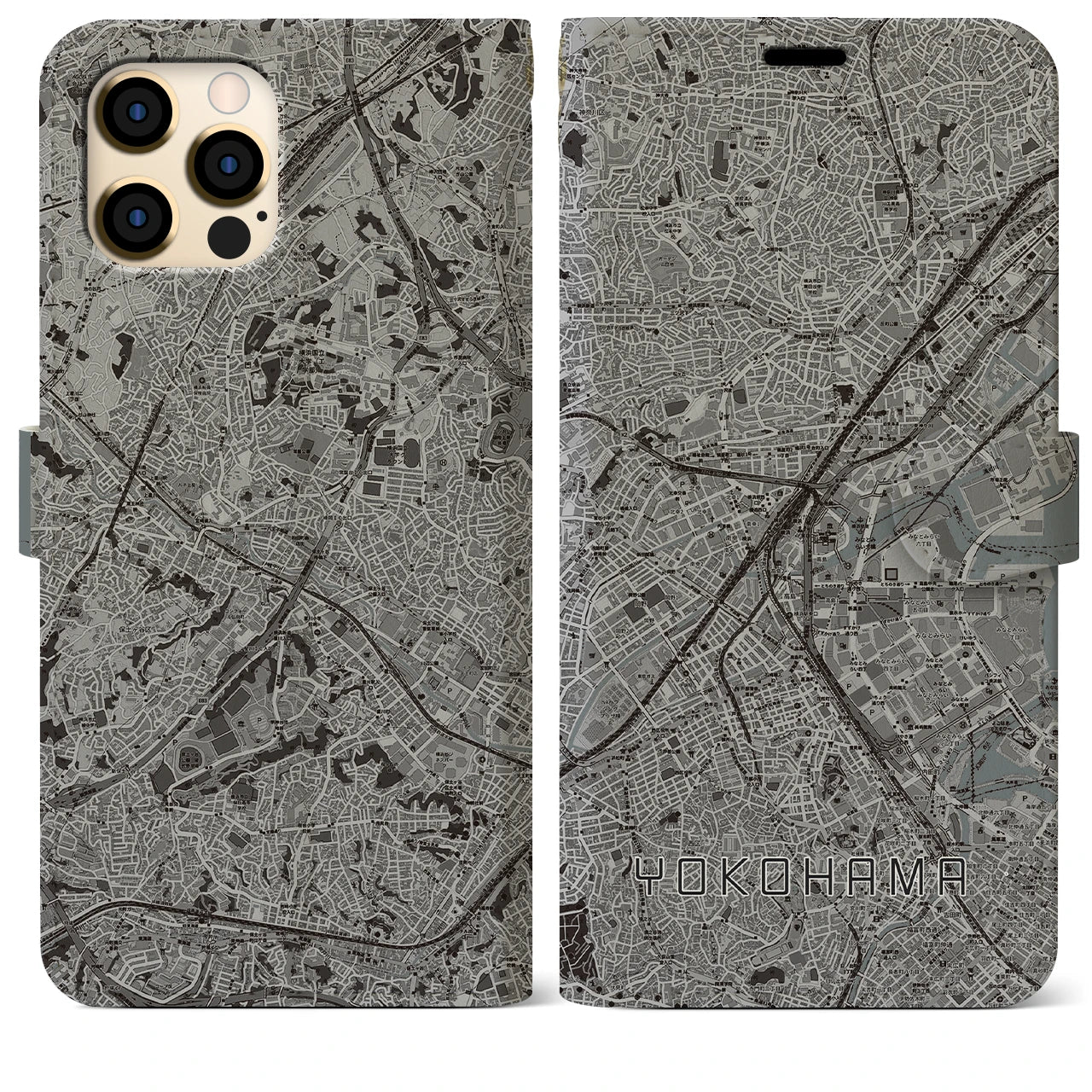 【横浜2(神奈川県)】地図柄iPhoneケース(手帳タイプ)モノトーン・iPhone 12 Pro Max 用