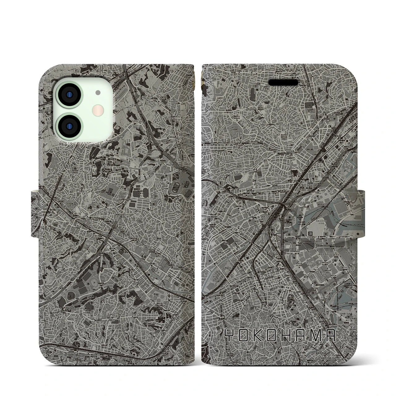【横浜2(神奈川県)】地図柄iPhoneケース(手帳タイプ)モノトーン・iPhone 12 mini 用
