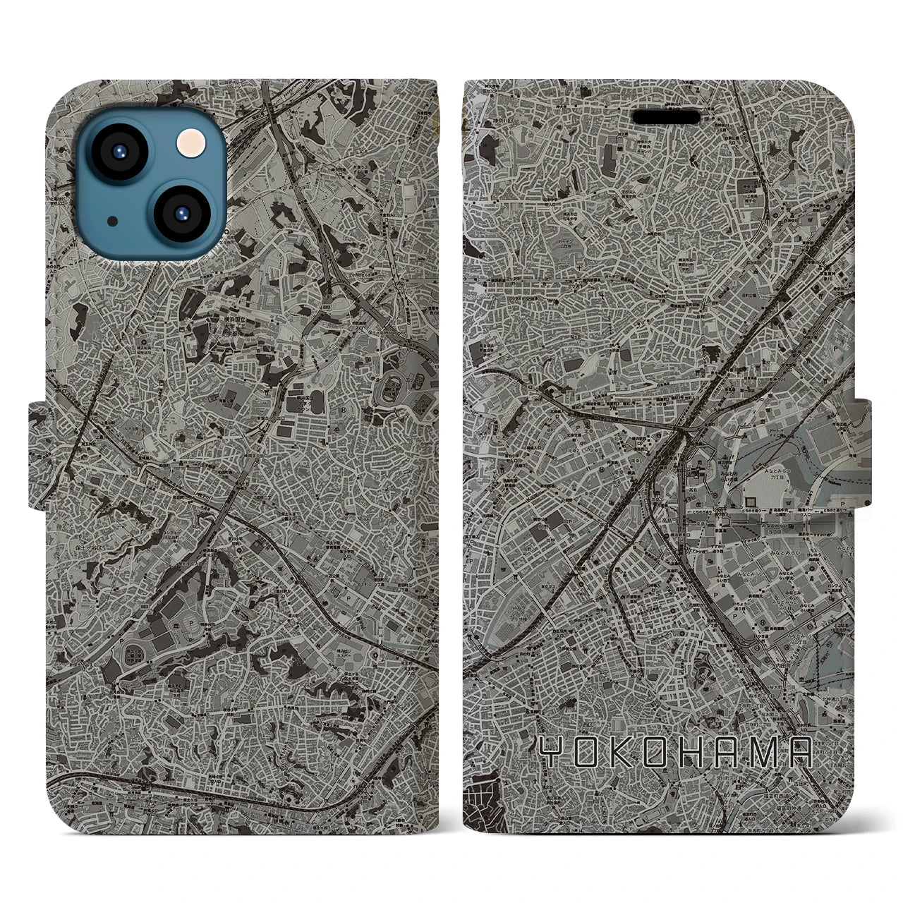 【横浜2(神奈川県)】地図柄iPhoneケース(手帳タイプ)モノトーン・iPhone 13 用
